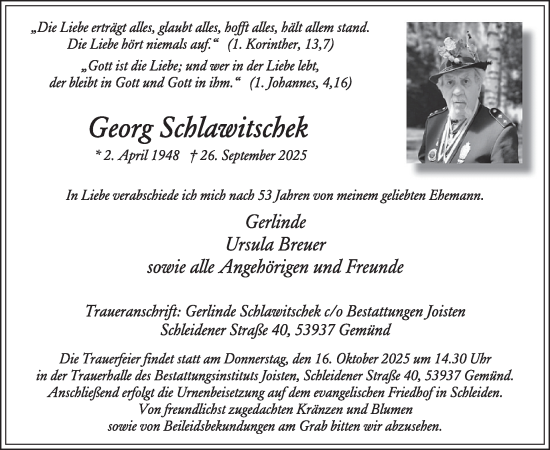 Traueranzeige von Georg Schlawitschek von WochenSpiegel