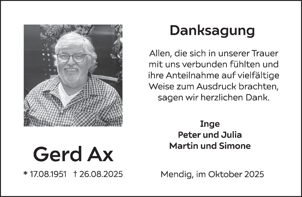  Traueranzeige für Gerd Ax vom 15.10.2025 aus WochenSpiegel