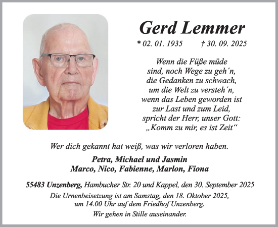 Traueranzeige von Gerd Lemmer von WochenSpiegel