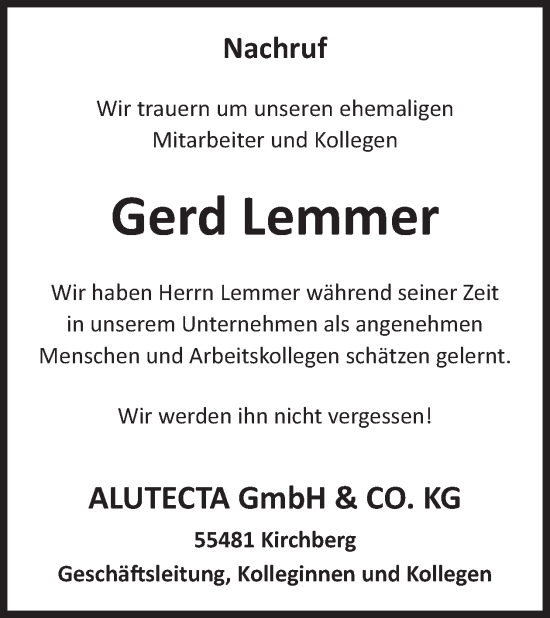 Traueranzeige von Gerd Lemmer von WochenSpiegel