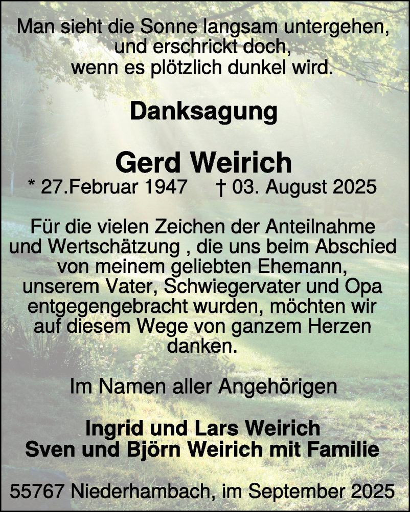  Traueranzeige für Gerd Weirich vom 04.10.2025 aus WochenSpiegel