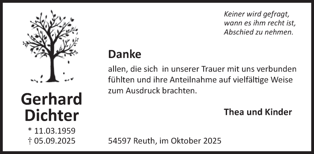  Traueranzeige für Gerhard Dichter vom 18.10.2025 aus WochenSpiegel