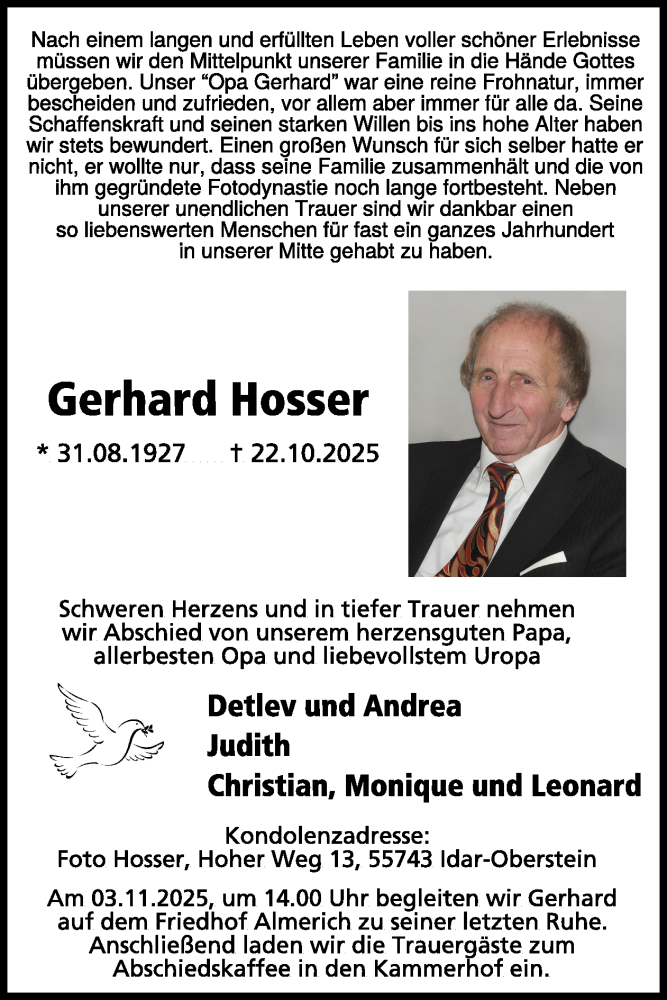 Traueranzeige für Gerhard Hosser vom 31.10.2025 aus WochenSpiegel