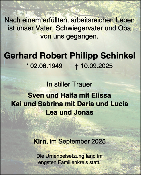 Traueranzeige von Gerhard Robert Philipp Schinkel von WochenSpiegel