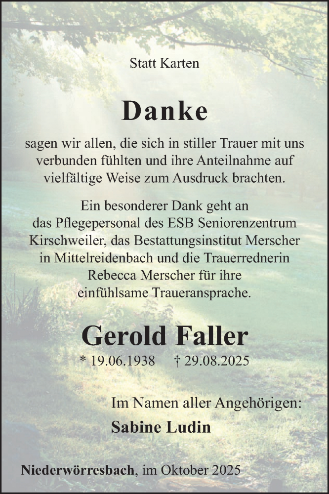  Traueranzeige für Gerold Faller vom 11.10.2025 aus WochenSpiegel
