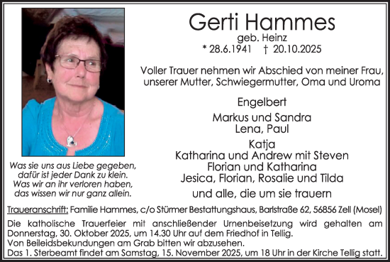 Traueranzeige von Gerti Hammes von WochenSpiegel