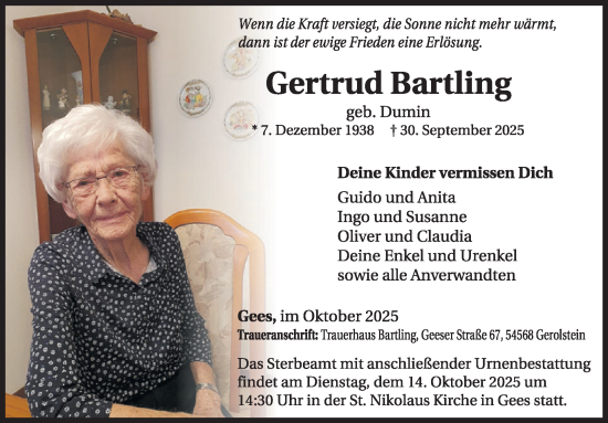 Traueranzeige von Gertrud Bartling von WochenSpiegel