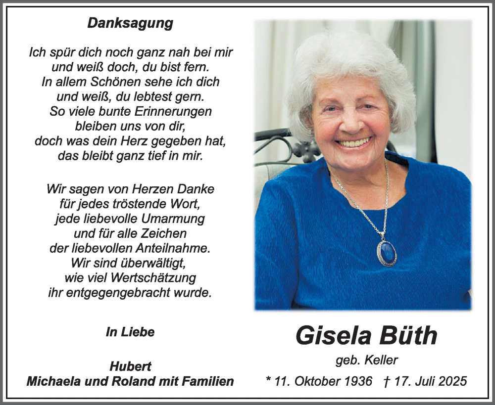 Traueranzeige für Gisela Büth vom 15.10.2025 aus WochenSpiegel