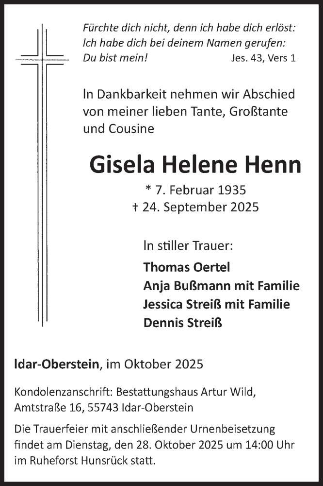  Traueranzeige für Gisela Helene Henn vom 25.10.2025 aus WochenSpiegel