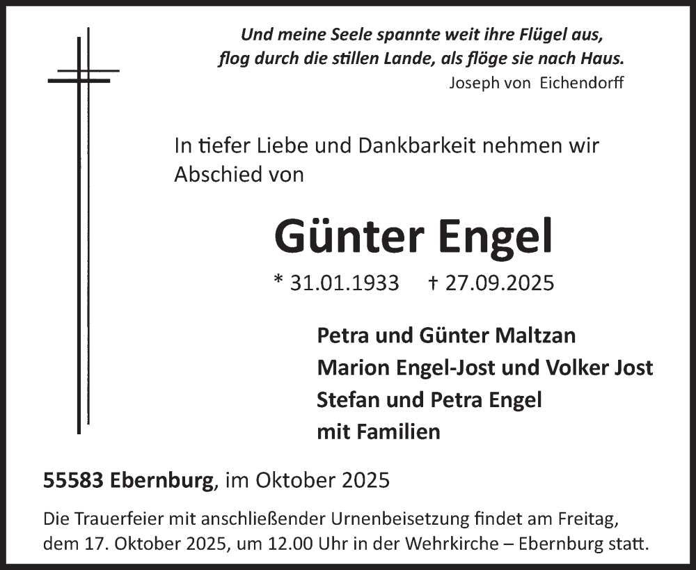  Traueranzeige für Günter Engel vom 11.10.2025 aus WochenSpiegel