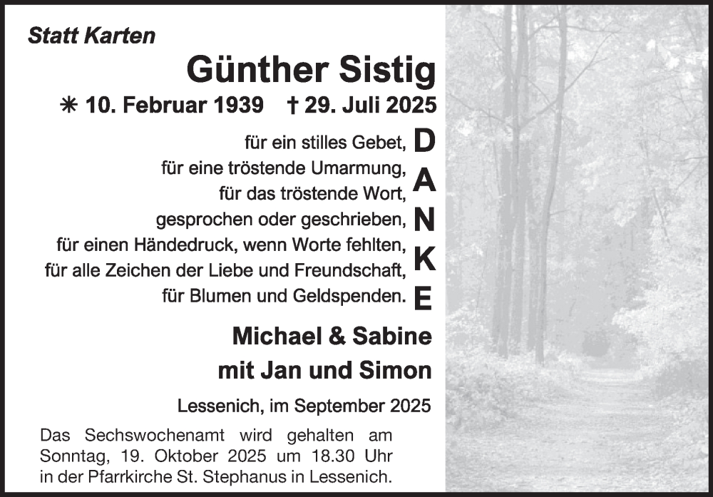  Traueranzeige für Günther Sistig vom 08.10.2025 aus WochenSpiegel