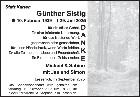 Traueranzeige von Günther Sistig von WochenSpiegel