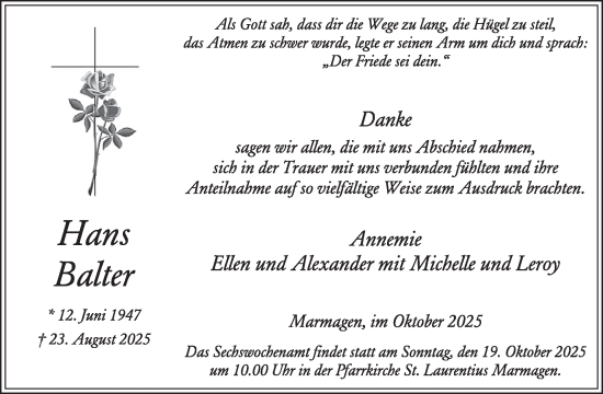 Traueranzeige von Hans Balter von WochenSpiegel