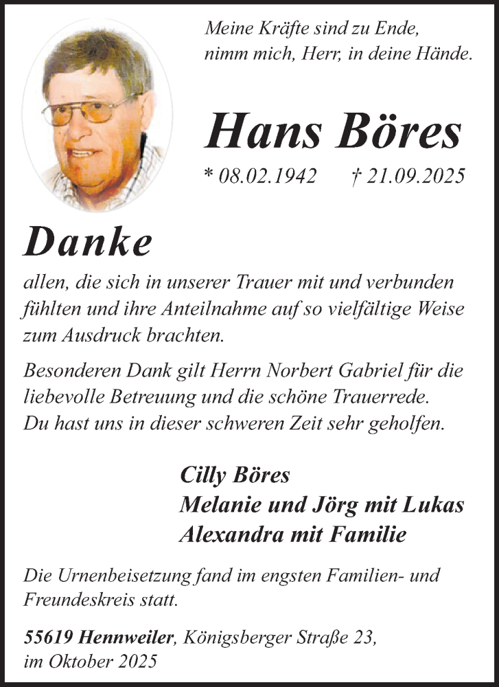  Traueranzeige für Hans Böres vom 25.10.2025 aus WochenSpiegel
