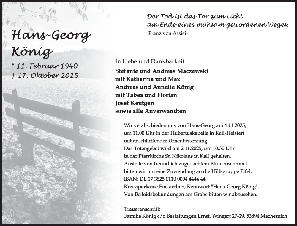  Traueranzeige für Hans-Georg König vom 29.10.2025 aus WochenSpiegel