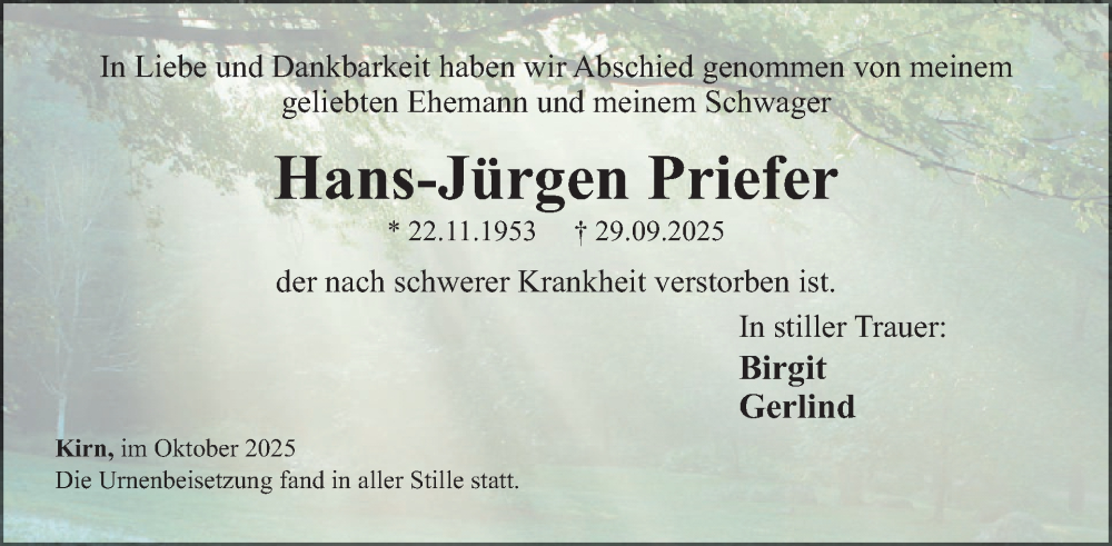  Traueranzeige für Hans-Jürgen Priefer vom 11.10.2025 aus WochenSpiegel