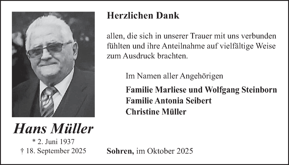  Traueranzeige für Hans Müller vom 18.10.2025 aus WochenSpiegel