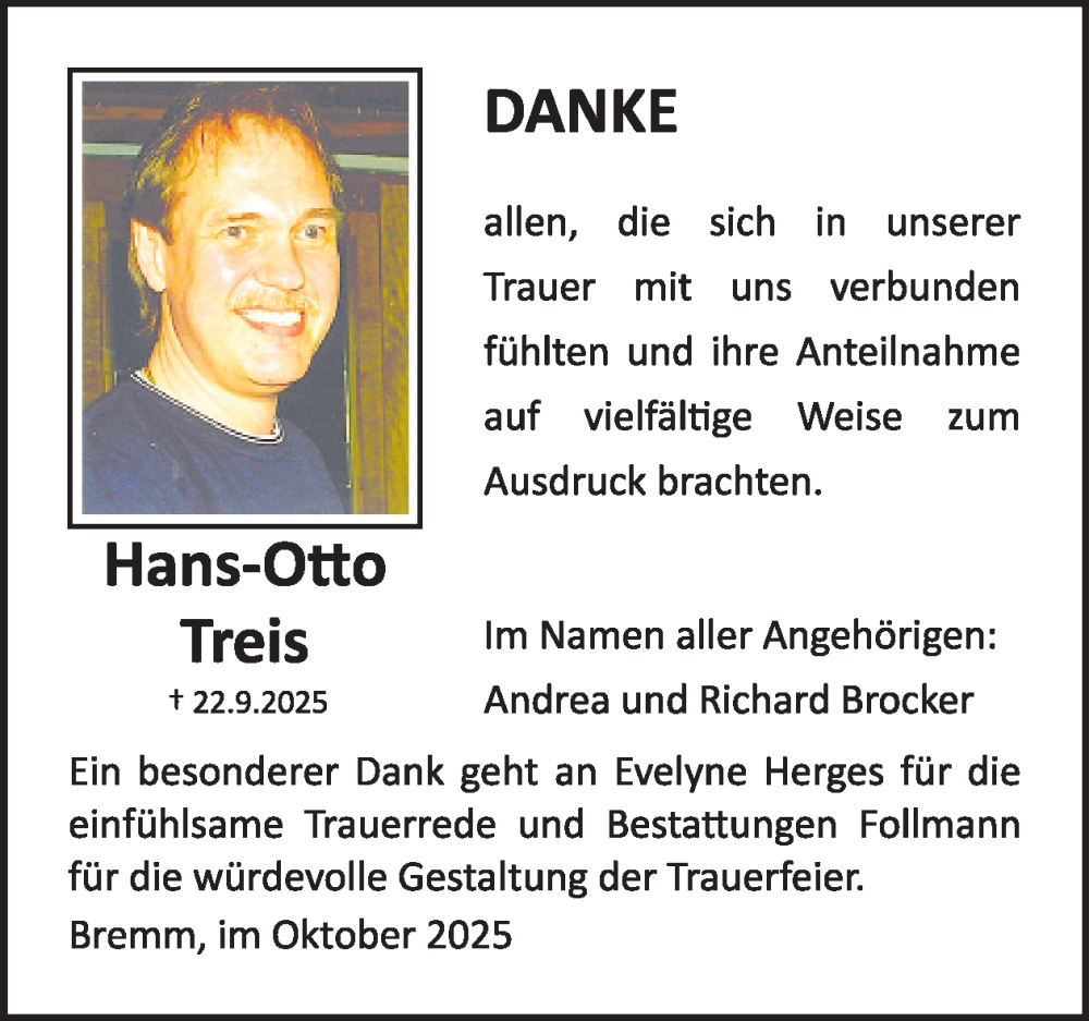  Traueranzeige für Hans-Otto Treis vom 22.10.2025 aus WochenSpiegel