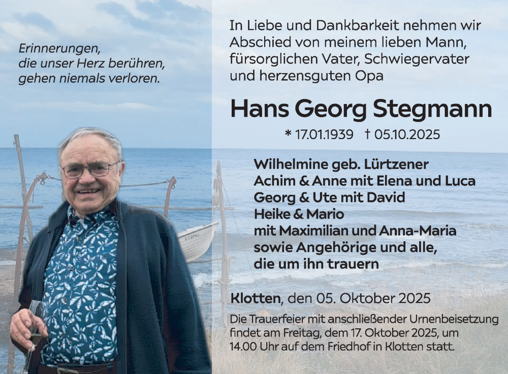  Traueranzeige für Hans Georg Stegmann vom 08.10.2025 aus WochenSpiegel