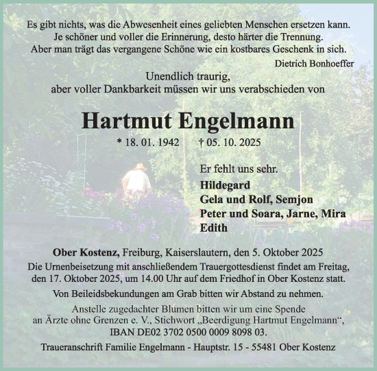 Traueranzeige von Hartmut Engelmann von WochenSpiegel