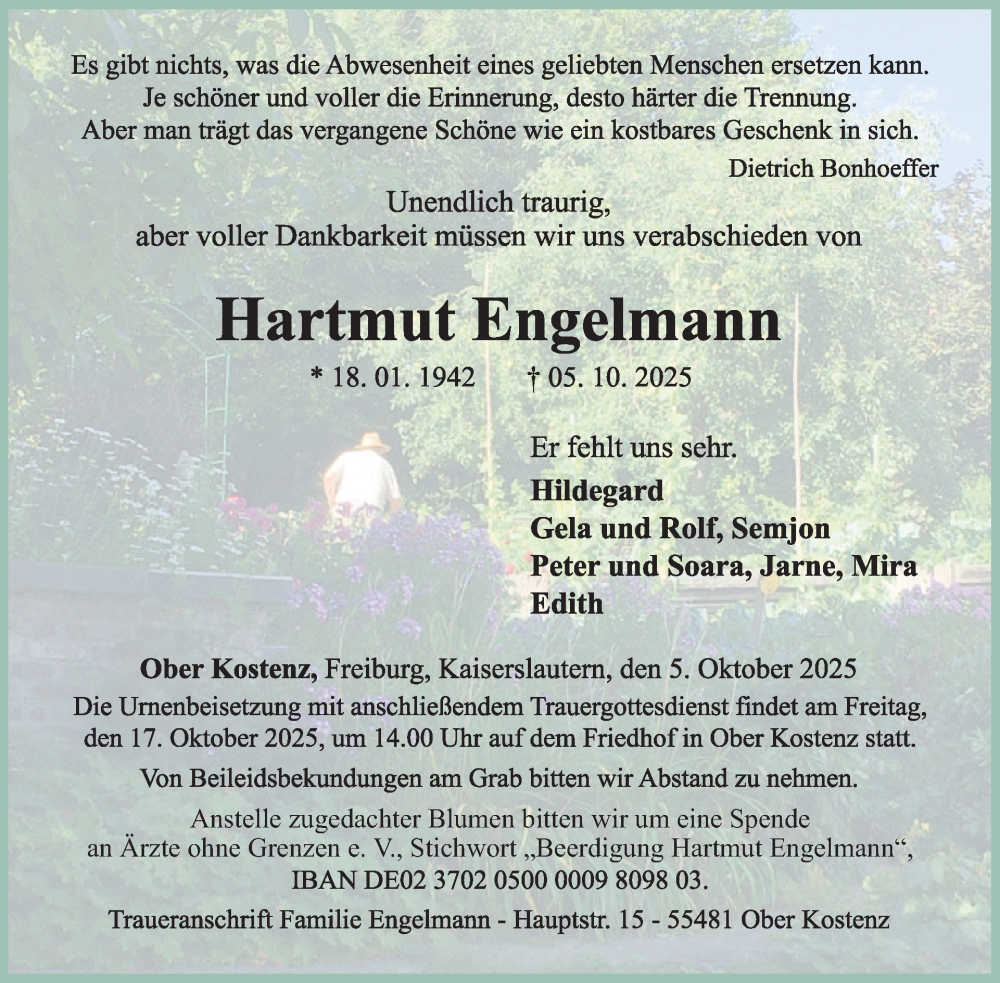  Traueranzeige für Hartmut Engelmann vom 11.10.2025 aus WochenSpiegel