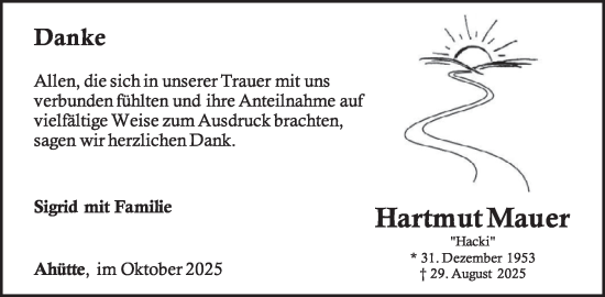 Traueranzeige von Hartmut Mauer von WochenSpiegel