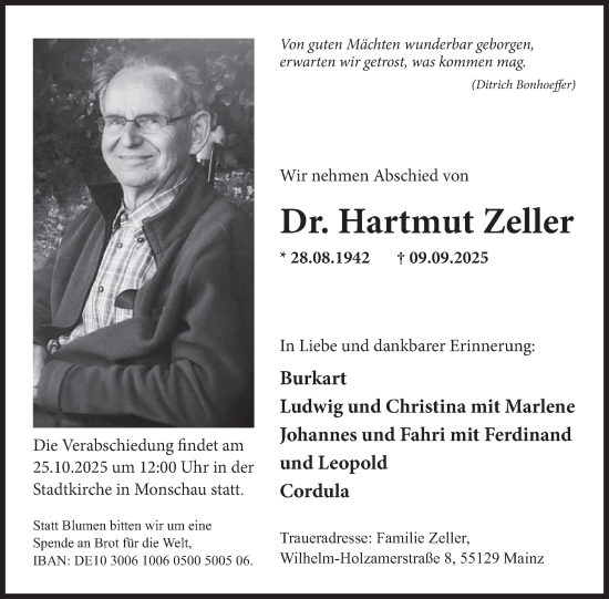 Traueranzeige von Hartmut Zeller von WochenSpiegel