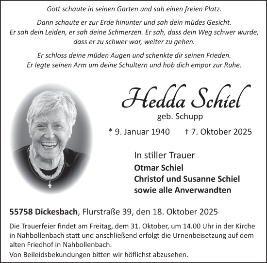 Traueranzeige von Hedda Schiel von WochenSpiegel