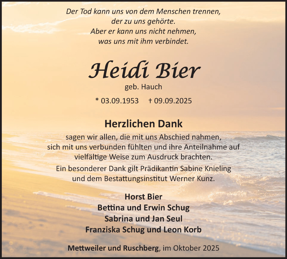  Traueranzeige für Heidi Bier vom 31.10.2025 aus WochenSpiegel