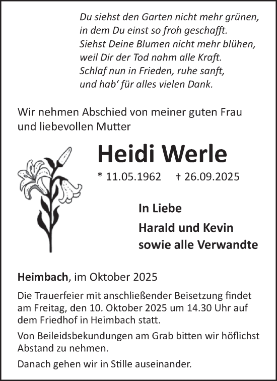 Traueranzeige von Heidi Werle von WochenSpiegel