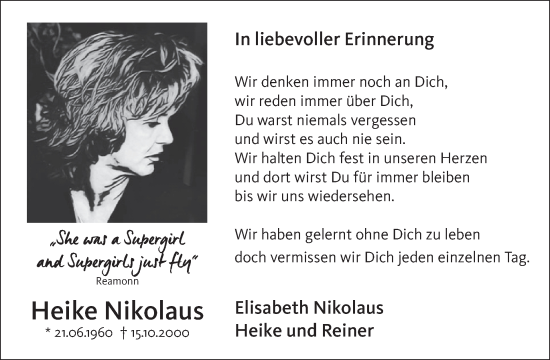 Traueranzeige von Heike Nikolaus von WochenSpiegel