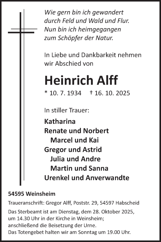 Traueranzeige von Heinrich Alff von WochenSpiegel