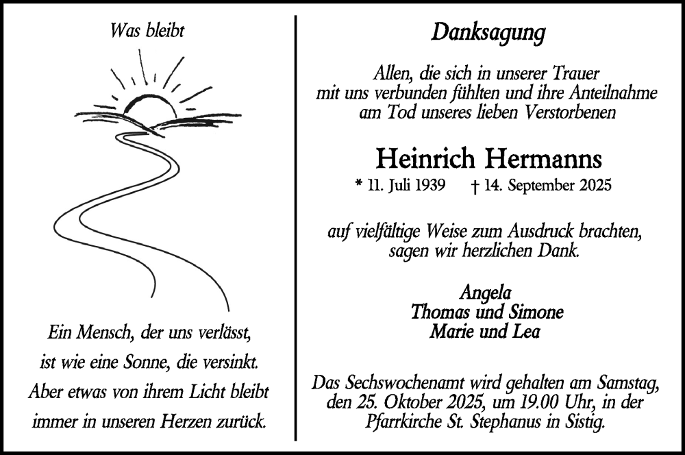  Traueranzeige für Heinrich Hermanns vom 22.10.2025 aus WochenSpiegel