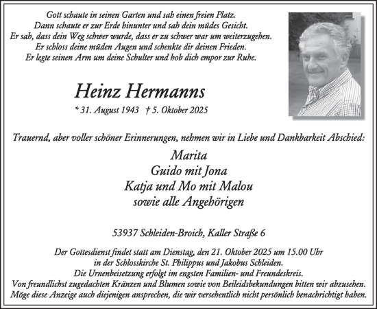 Traueranzeige von Heinz Hermanns von WochenSpiegel