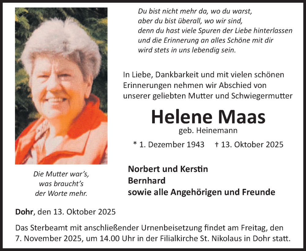  Traueranzeige für Helene Maas vom 29.10.2025 aus WochenSpiegel