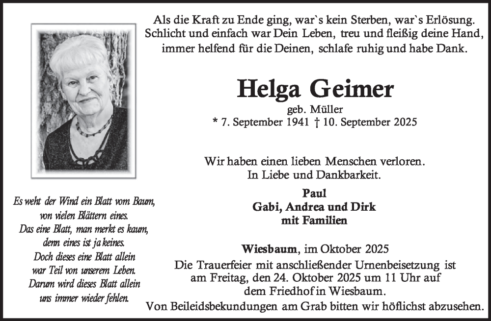  Traueranzeige für Helga Geimer vom 18.10.2025 aus WochenSpiegel