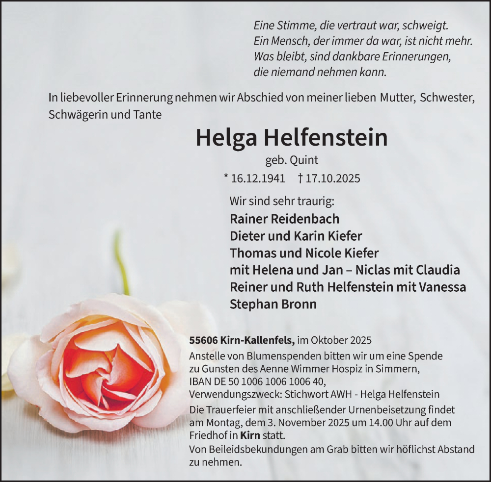  Traueranzeige für Helga Helfenstein vom 31.10.2025 aus WochenSpiegel