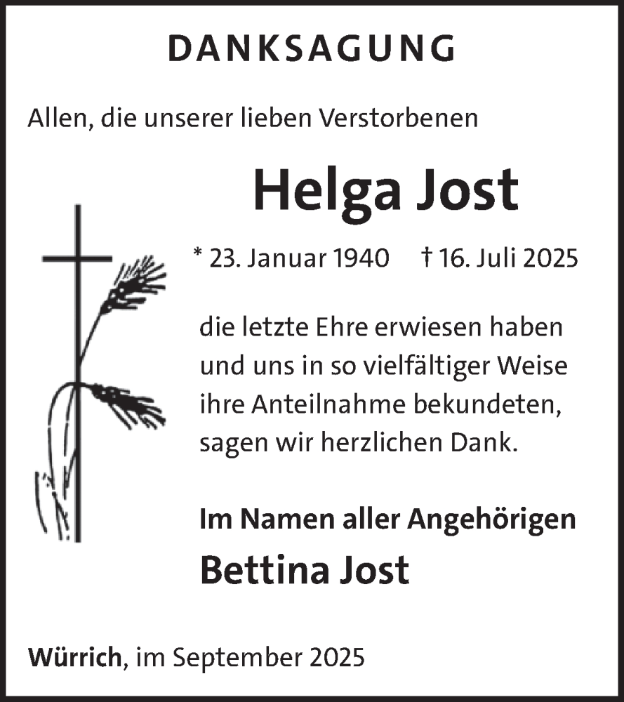  Traueranzeige für Helga Jost vom 04.10.2025 aus WochenSpiegel