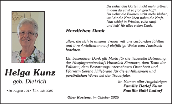 Traueranzeige von Helga Kunz von WochenSpiegel