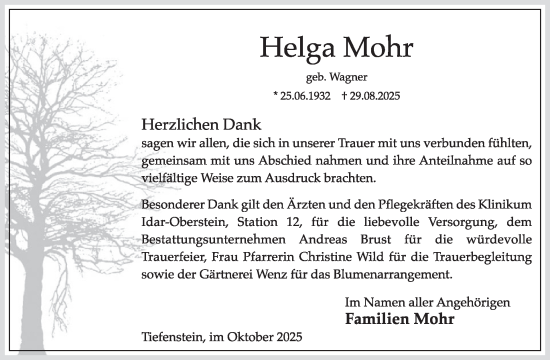 Traueranzeige von Helga Mohr von WochenSpiegel