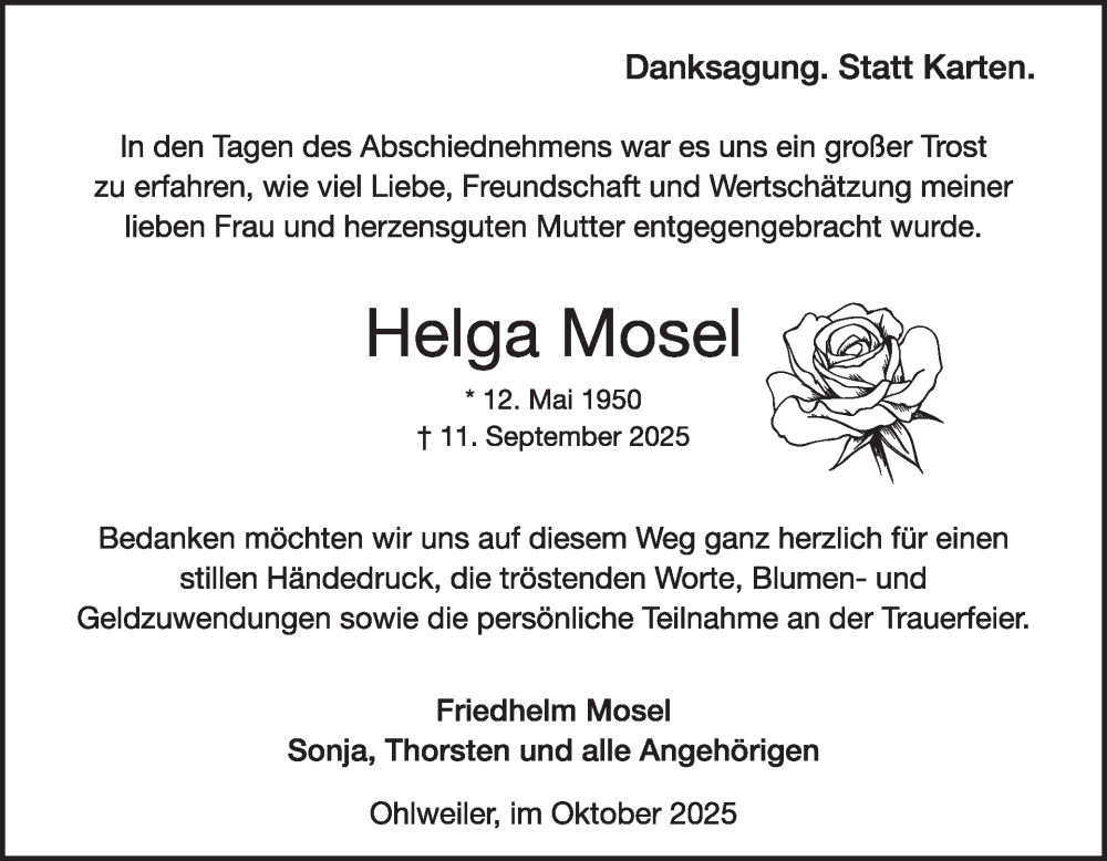  Traueranzeige für Helga Mosel vom 25.10.2025 aus WochenSpiegel