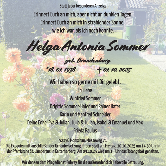 Traueranzeige von Helga Antonia Sommer von WochenSpiegel