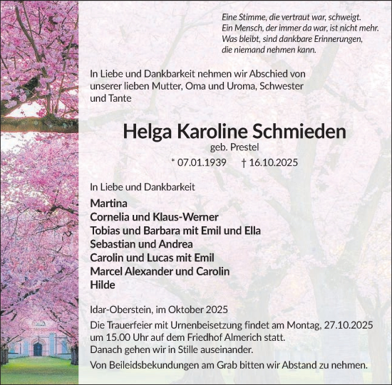 Traueranzeige von Helga Karoline Schmieden von WochenSpiegel