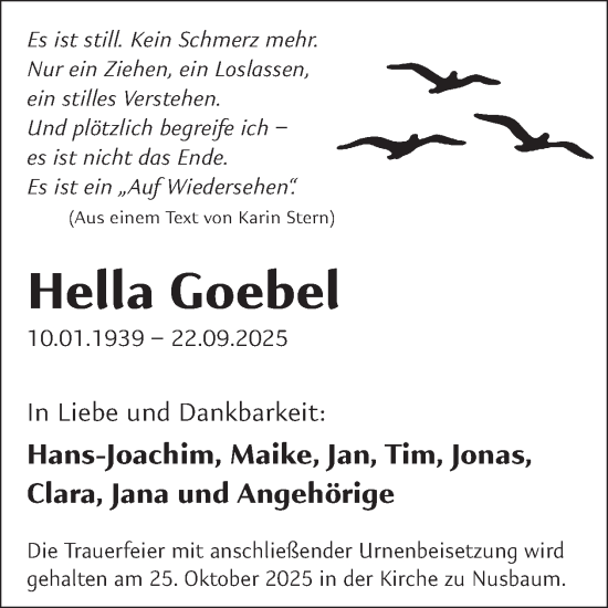 Traueranzeige von Hella Goebel von WochenSpiegel