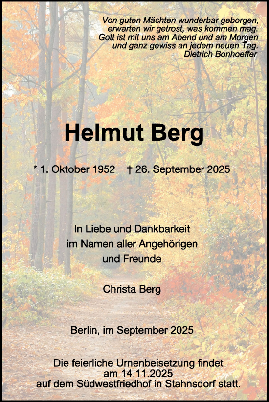 Traueranzeige von Helmut Berg von WochenSpiegel