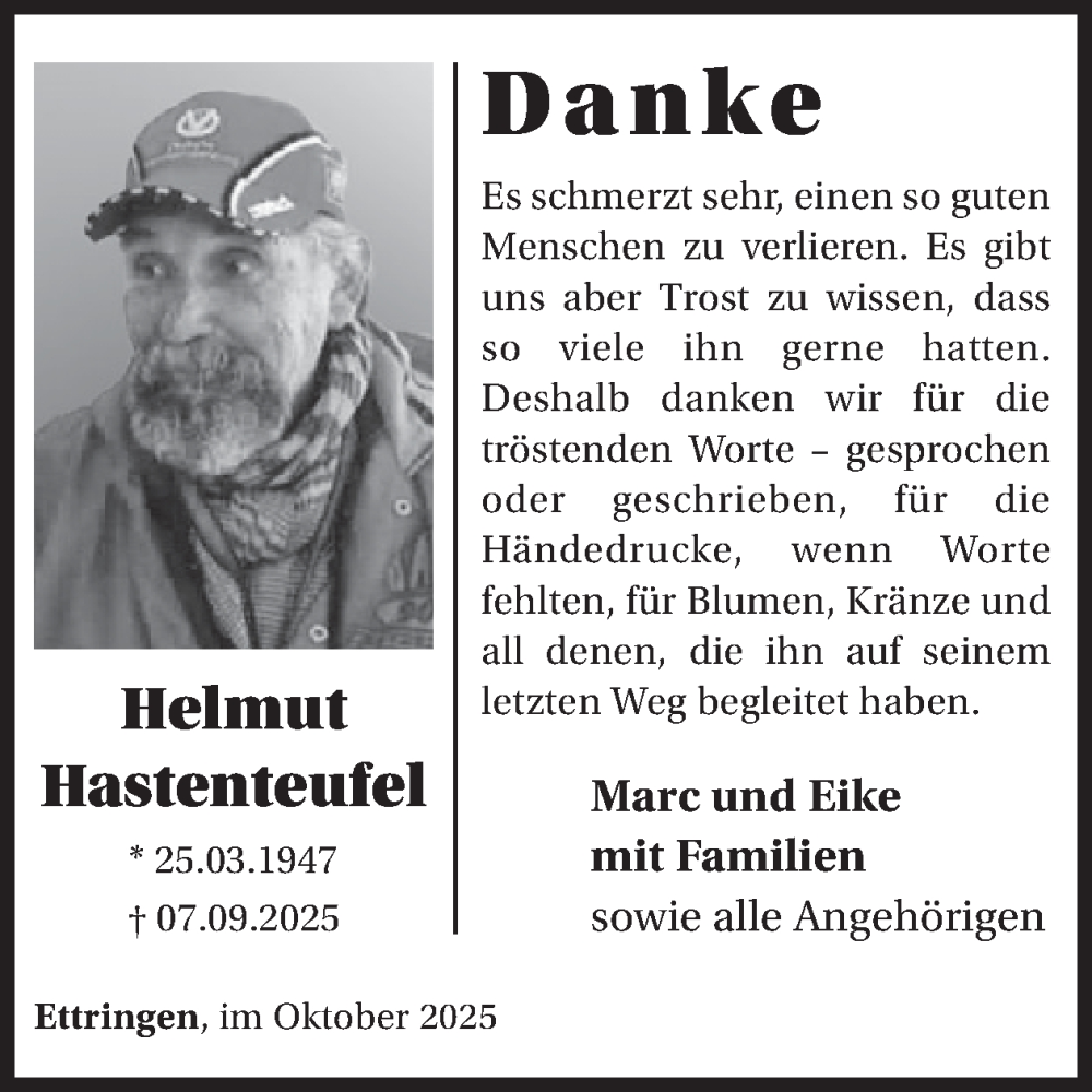  Traueranzeige für Helmut Hastenteufel vom 29.10.2025 aus WochenSpiegel
