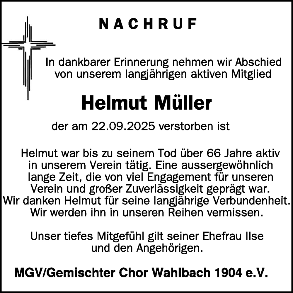  Traueranzeige für Helmut Müller vom 04.10.2025 aus WochenSpiegel