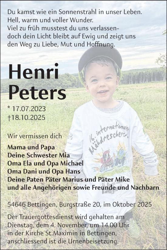 Traueranzeige von Henri Peters von WochenSpiegel