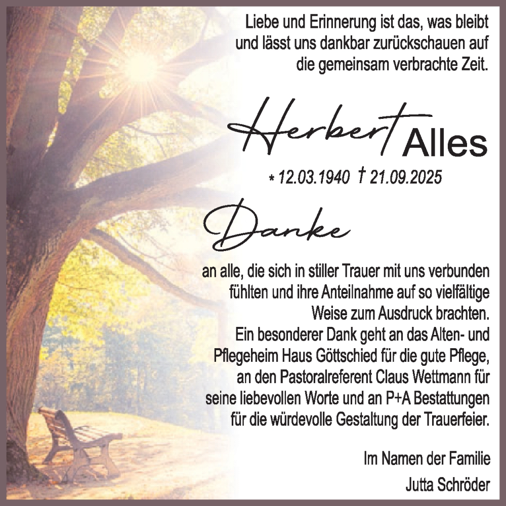  Traueranzeige für Herbert Alles vom 31.10.2025 aus WochenSpiegel