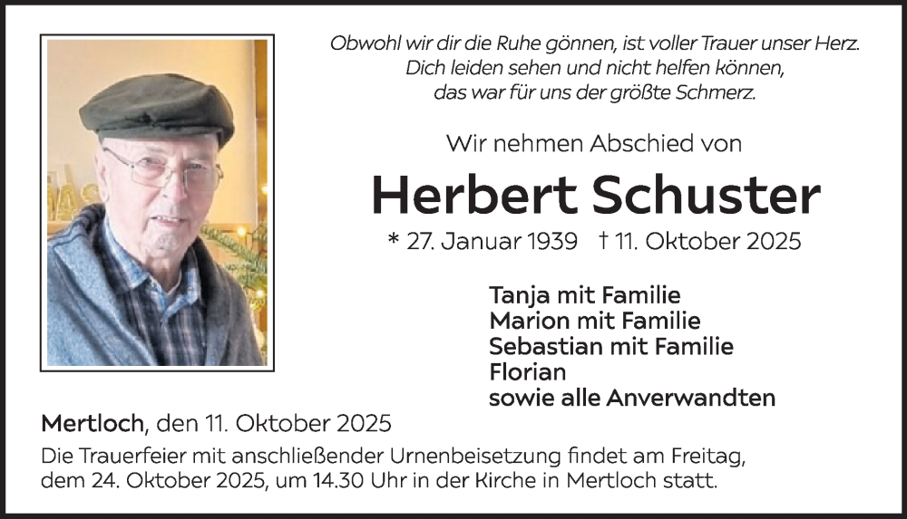  Traueranzeige für Herbert Schuster vom 15.10.2025 aus WochenSpiegel